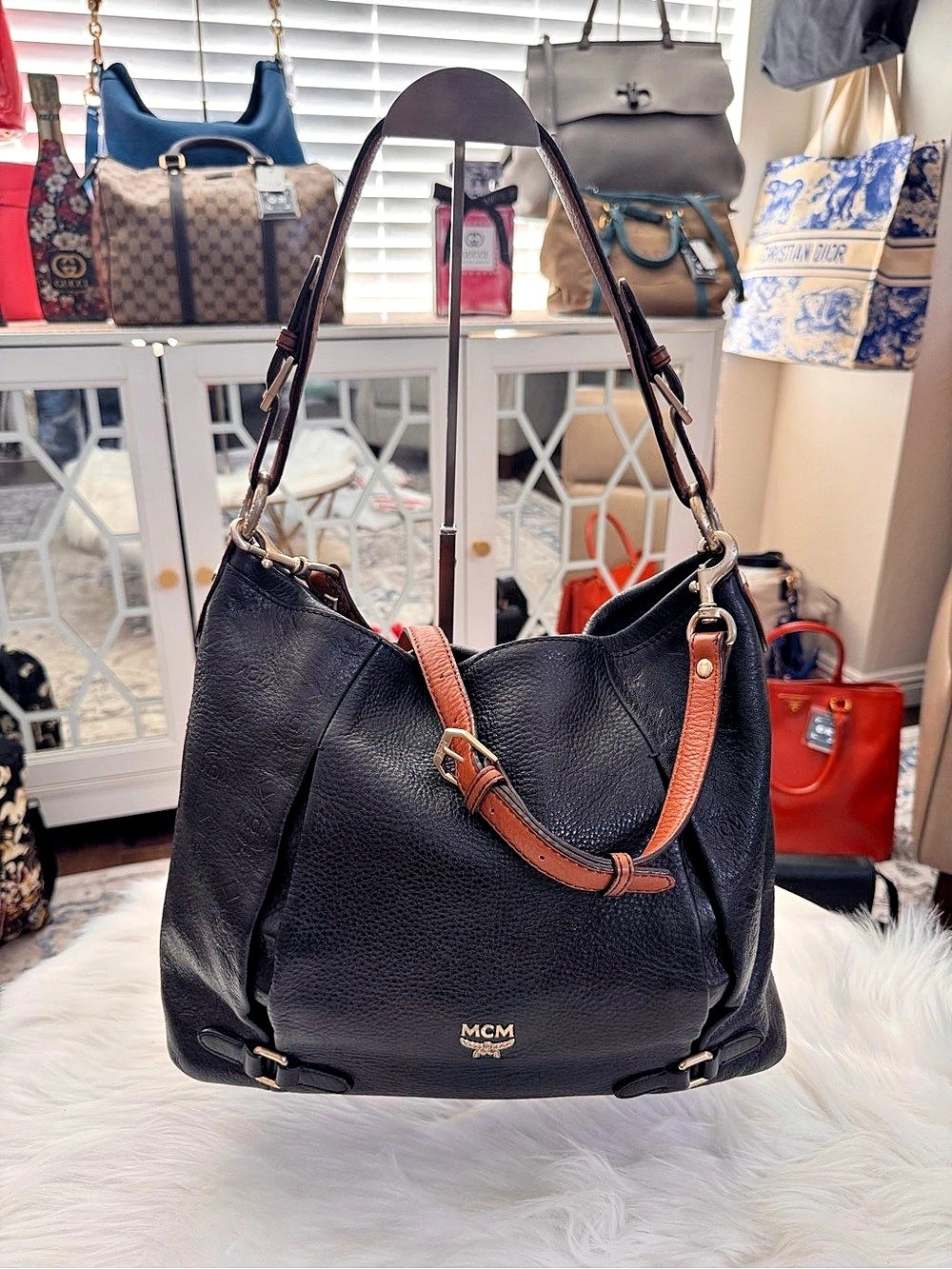 MCM Leather Hobo Shoulder Bag in Black & Brown